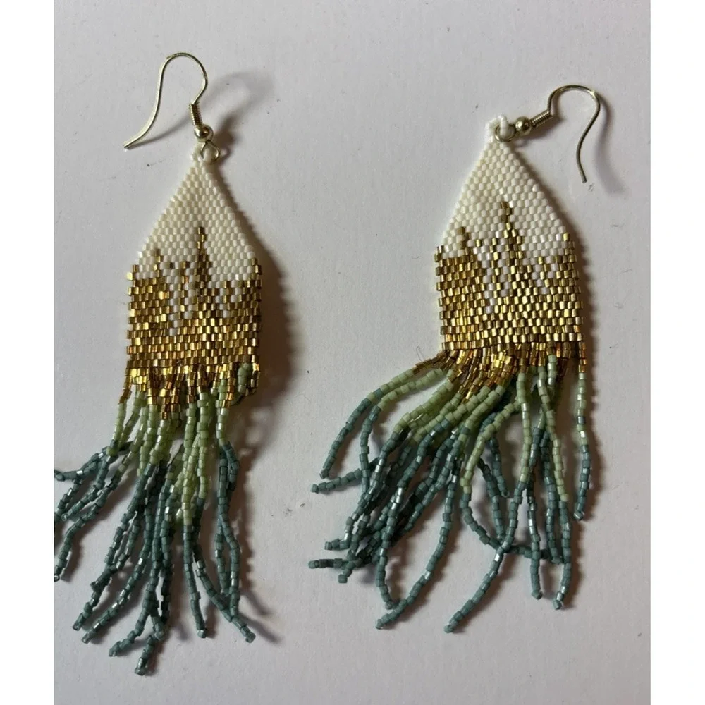 Boho Native Style Landscape Sun Seed Bead Beaded Earrings Fringe Tassel Long RC7